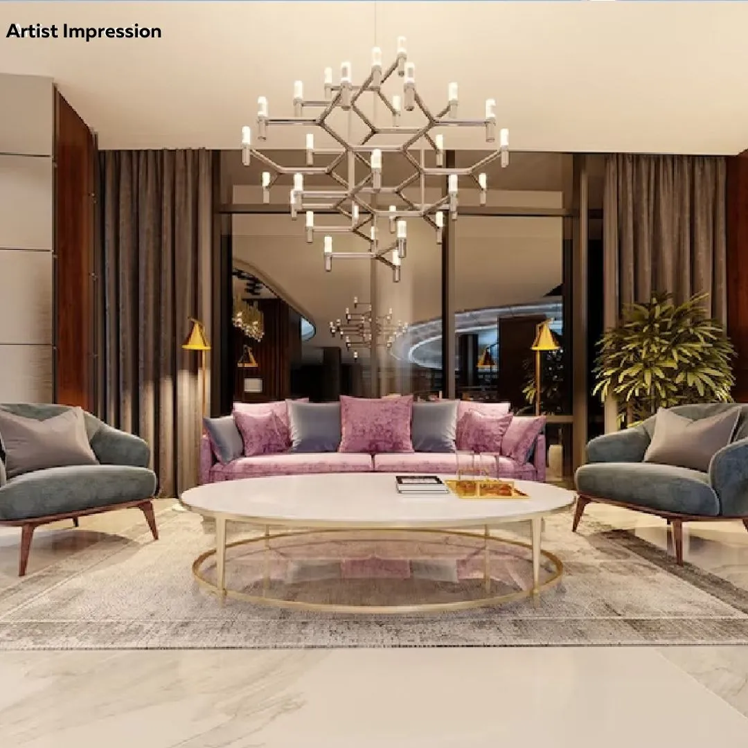 Living room with orange sofa and wooden partition