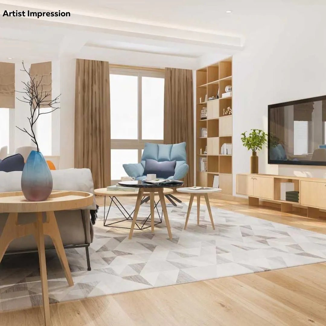 Elegant living room with blue ottoman